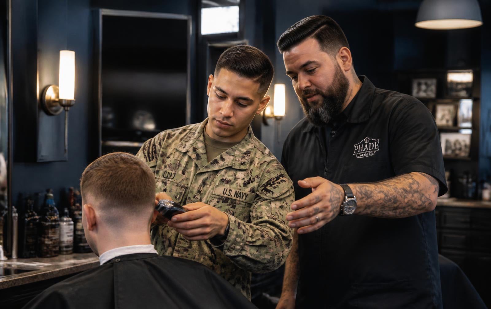 Transitioning service member receiving hands-on barber training