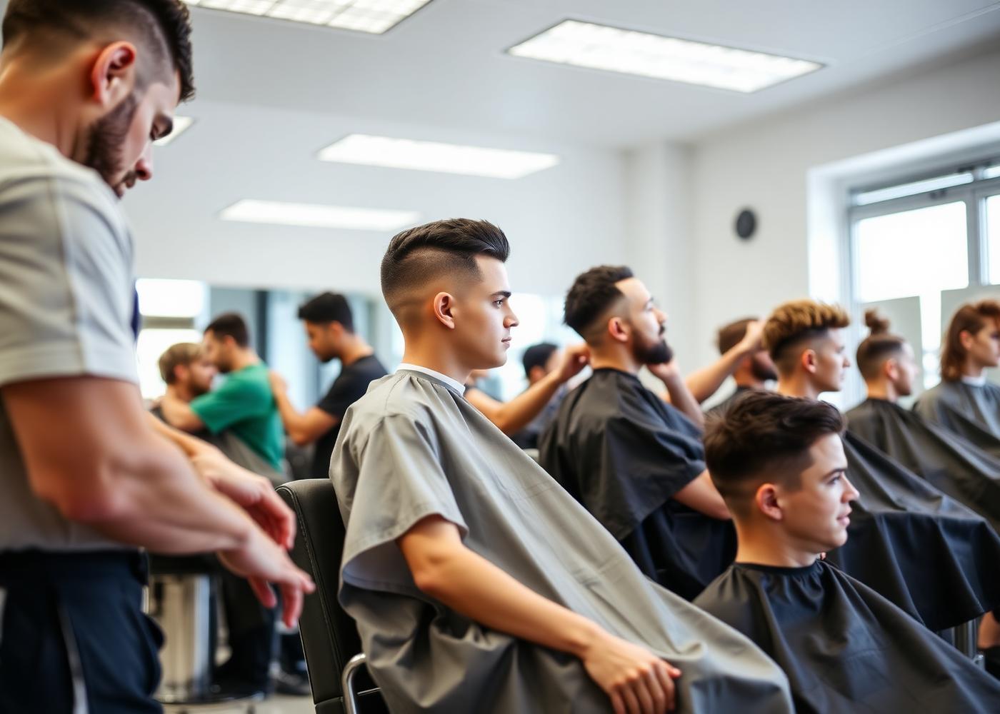 Barber students practicing haircuts in a training environment